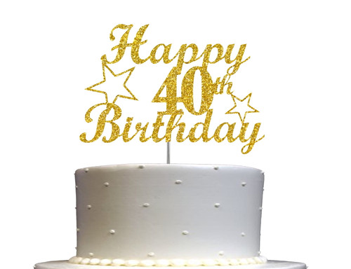 40 Birthday Cake Topper Gold Glitter, 40th Party Decoration Ideas, Sturdy Doubled Sided Glitter, Acrylic Stick. Made In Usa