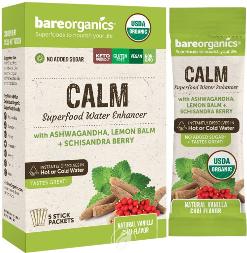 Bareorganics Calm Blend Superfood Water Enhancer Stick Packets 5 Ct, Pack Of 2