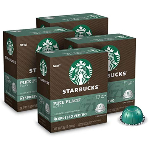 Starbucks Coffee Capsules For Nespresso Vertuo Machines — Medium Roast Pike Place Roast — 4 Boxes (32 Coffee Pods Total)