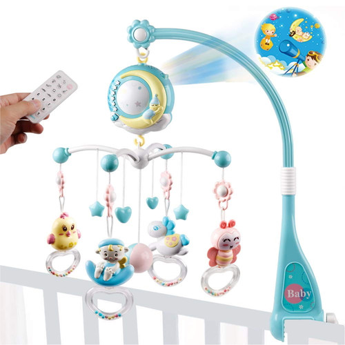 Wzcpcv Baby Crib Mobile,crib Mobiles With Music Lights&projection Function,remote& Teether Rattle Crib Toys,music Mobile Blue/pink