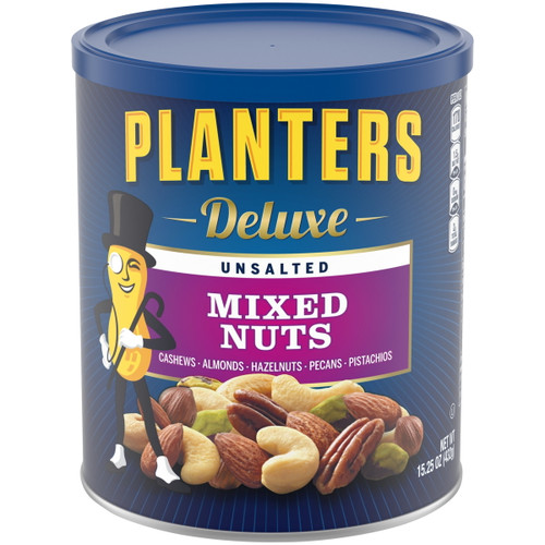 Planters Deluxe Unsalted Mixed Nuts With Cashews, Almonds, Hazelnuts, Pecans & Pistachios, 15.25 Oz Canister