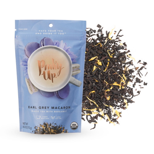 Pinky Up Organic Earl Grey Loose Leaf Macaron Blend | Whole Loose Leaf Black Tea | 40-60mg Caffeine Per Serving, Calorie Free & Gluten Free | 4oz / 113g Pouch - 35 Servings