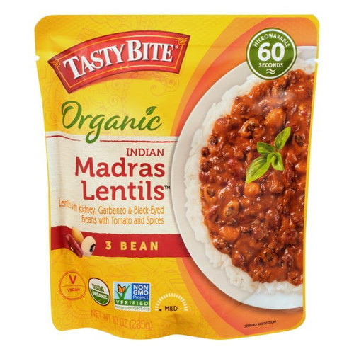 Tasty Bite Organic 3 Bean Mild Indian Madras Lentils, 10 Oz