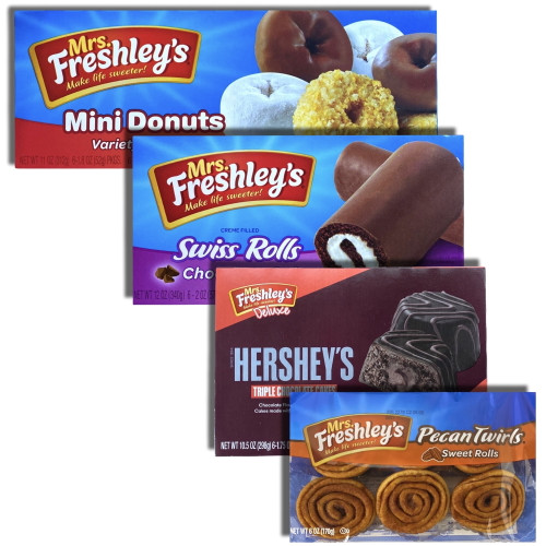 Mrs. Freshley's Snack Cakes Combo Packs Bundled By Tribeca Curations | (swiss Rolls / Pecan Spins / Chocolate Cakes / Donuts) 48 Count