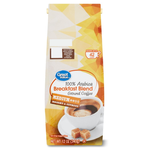 Great Value Breakfast Blend, 100% Arabica, Medium Roast, Ground Coffee, 12 Oz