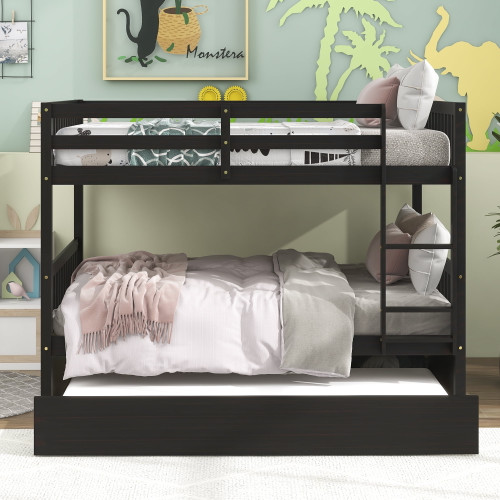 Full Over Full Bunk Bed With Trundle, Syngar Wood Bunk Bed Frame With Safety Guardrails & Ladder, Convertible Into Full Platform Beds, Full Trundle Bed For Kids, No Box Spring Needed, Espresso, D6530