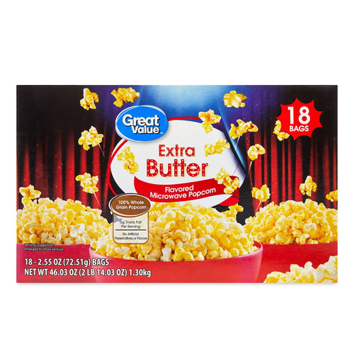 Great Value Extra Butter Flavored Microwave Popcorn, 2.55 Oz, 18 Count