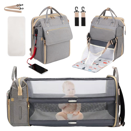 4 In 1 Multifunctional Large Capacity Portable Baby Diaper Bag With Baby Chair, With Usb Port Waterproof Changing Table Nappy Changing Bags Foldable Crib Travel Diaper Bag Backpack, For Mom And Dad