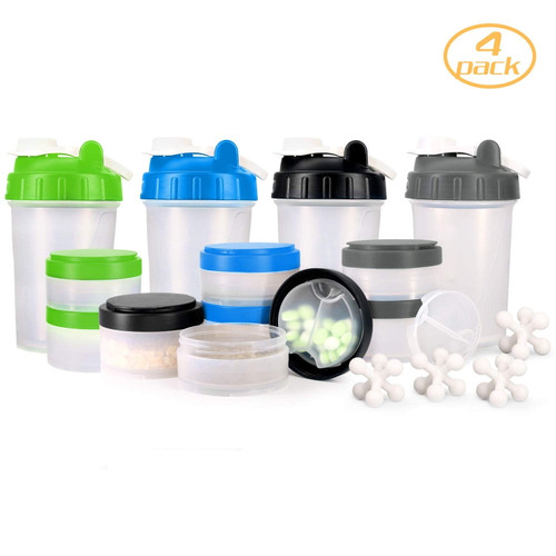 16 Oz Protein Shaker Bottle With Mixer Ball And 2 Interlocking Storage Jars For Pills,protein,snacks, Coffee, Tea. 100% Bpa Free,non Toxic And Leak Proof Sports Bottle-4 Pack