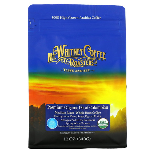 Premium Organic Decaf Colombian, Whole Bean Coffee, Medium Roast, 12 Oz (340 G), Mt. Whitney Coffee Roasters