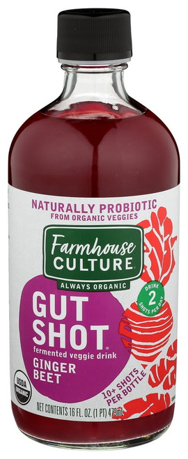 Farmhouse Culture Organic, 100% Natural Gut Shot, Ginger Beet, 16 Fl. Oz., Pack Of 6