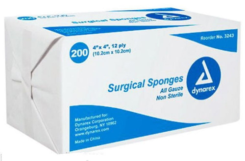 Dynarex - Non-sterile Surgical Sponges - 12ply Gauze Pads - 4" X 4" 200 Count Ms42230