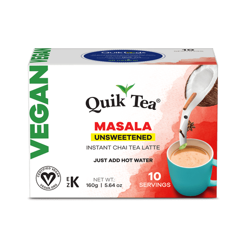 Quik Tea Vegan Unsweetened Masala Chai Tea Latte - 10 Count Single Box - All Natural Preservative Free Single Serve Pouches Of Authentic Instant Vegan Chai - Just Add Hot Water