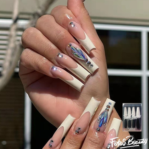 【best Gift For Girls/women】fofosbeauty 24pcs Press On False Nail Tips Long Coffin Full Cover Fake Nails, Coffin French With Shining Stone-black Friday Sale
