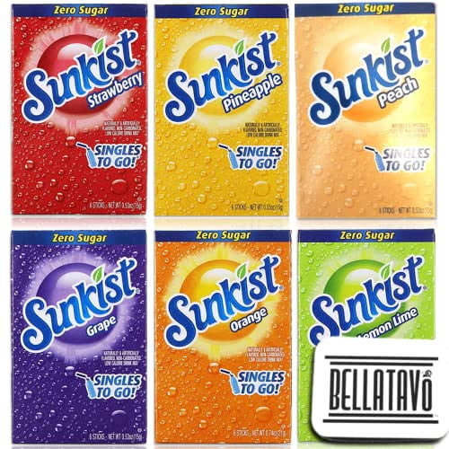 Singles To Go Variety Pack Bundle. Includes Six Boxes Of Sunkist Singles To Go Drink Mix And A Bellatavo Ref Magnet. One Each Flavor: Orange, Pineapple, Strawberry, Lemon Lime, Grape And Peach