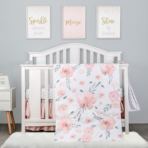 4-piece Crib Bedding Set For Girls By Pinnkku, Baby Girl Bedding Crib Set, Cunas Para Bebes, White, Blush Pink Flower Crib Skirt, Blanket, Crib Sheet And Diaper Stacker, Crib Bedding Sets For Girls