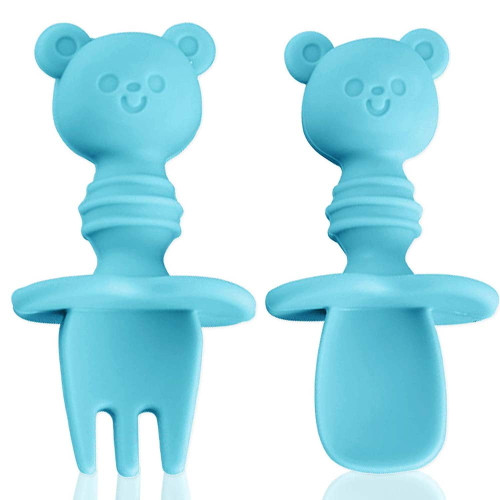 Baby Fork And Spoon Set, Silicone Self Feeding Utensil Easy Grip Toddler Cutlery Kit With Carry Case Bpa-free Anti-choke For Infant Toddler Children First Led Training Weaning, 6-12 Month (lake Blue)