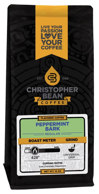 Dark Chocolate Peppermint Bark Flavored Regular Whole Bean Christopher Bean Coffee, 100% Arabica, No Sugar, No Fats, Made With Non-gmo Flavorings, 12 Oz Bag Of Coffee