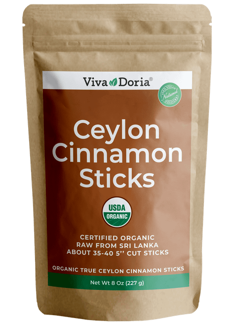 Viva Doria Certified Organic True Ceylon Cinnamon Sticks, Alba Grade, Sri-lankan 5 Inches Cut, 8 Oz (approx: 35-40 Sticks)