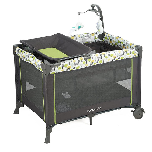 Pamo Babe Unisex Deluxe Nursery Center Portable Playard And Bassinet With Carry Bag And Toy Bar(green)