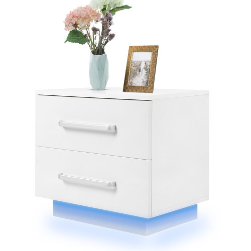 Doact Led Bedside Table Nightstand, Modern Stylish 2 Drawers Bedside Cabinet With Led Blue Light High Gloss Front Panel For Bedroom