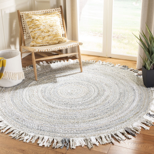 Safavieh  Handmade Braided Libby Country Cotton Rug With Fringe Light Grey 6' X 6' Round 6' Round N/a Round