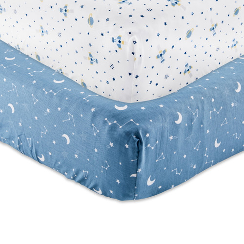 Parent's Choice 100% Cotton Fitted Crib Sheets For Baby Boys, Blue, Space, 2 Count