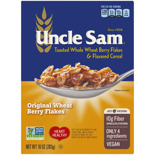 Uncle Sam Original Wheat Berry Flakes Cereal, High Fiber, Whole Grain, Regular, Kosher, Heart Healthy, Vegan, 10 Ounce Box