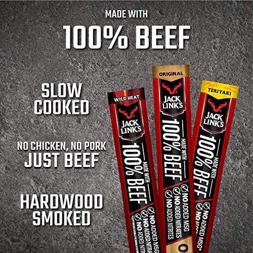 Jack Link's Beef Sticks, 20 Count Variety Pack, (9) Original, (7) Teriyaki, (4) Wild Heat, 0.92 Ounce - Protein Snack, Made With Premium Beef, No Added Msg