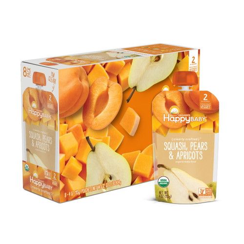Happy Baby Organic Clearly Crafted Stage 2 Baby Food, Squash Pears & Apricots, 4 Oz Pouch, 8 Count