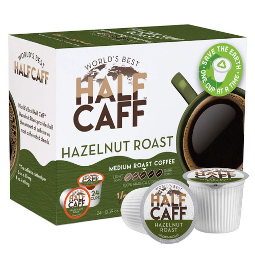 World's Best Half Caff Hazelnut Coffee 24ct. Solar Energy Produced Recyclable Single Serve Half Caff Hazelnut Coffee Pods - 100% Arabica Coffee California Roasted, Kcup Compatible