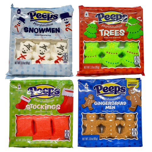 Christmas Peeps Combo Pack - 4pk Bundle - 6ct Trays - Peeps Christmas Trees, Peeps Stockings, Peeps Gingerbread Men, Peeps Snowmen - Holiday Themed Marshmallow Candy
