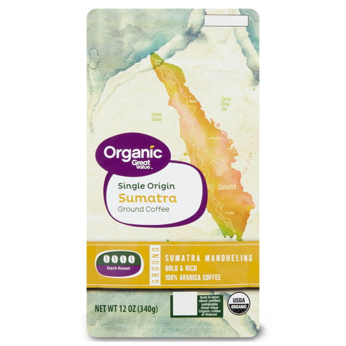 Great Value Organic Single Origin Sumatra, Dark Roast, Ground Coffee, 12 Oz