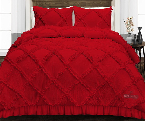 California King Comforter Diamond Ruffle Blood Red 300 Gsm Plush Siliconized Microfiber Fill Duvet Insert Box Stiched Quilted Fluffy Microfiber Comforter Shell With Pillowcases & Piping