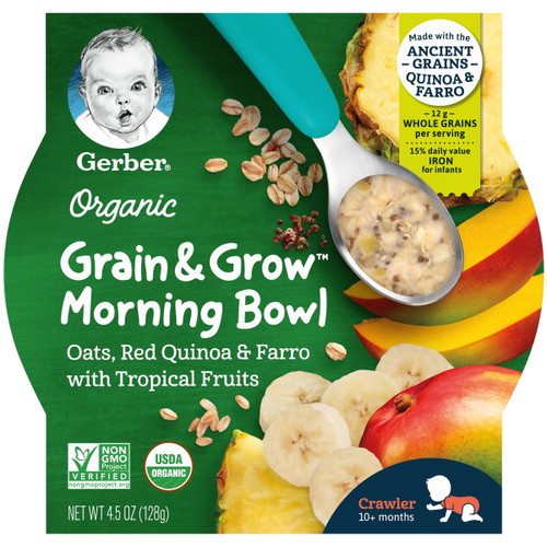 Gerber Organic Grain & Grow Morning Bowl, Oats Red Quinoa & Farro With Tropical Fruits, 4.5 Oz Tray