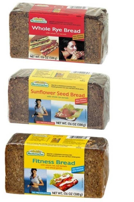 Mestemacher Natural High Fiber Bread 3 Flavor Variety Bundle: (1) Mestemacher Fitness Bread, (1) Mestemacher Rye Bread, And (1) Mestemacher Sunflower Seed Bread, 17.6 Oz. Ea. (3 Total)