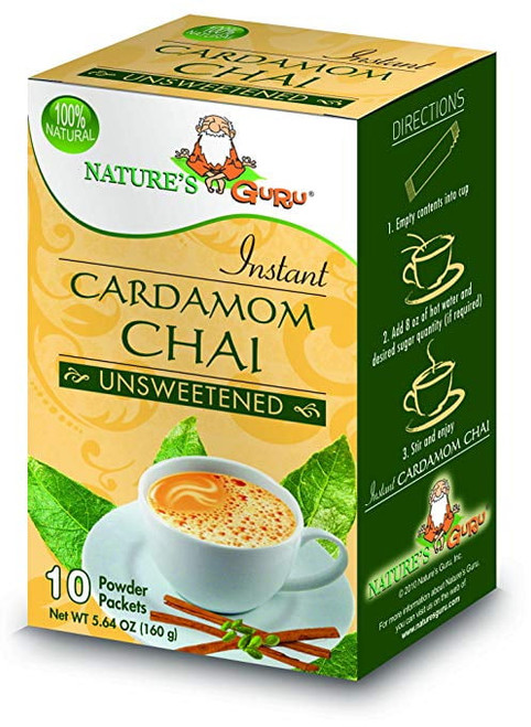 Nature's Guru Instant Cardamom Chai Tea Drink Mix, Unsweetened, 10 Count Single Serve On-the-go Drink Packets