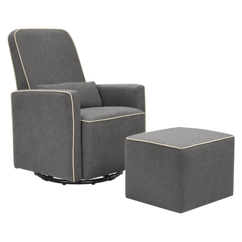 Davinci Olive Upholstered Swivel Glider With Bonus Ottoman In Dark Grey With Cream Piping