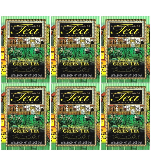 Hawaiian Islands Tea, Certified Organic Green Tea, Antioxidant Rich All Natural - Six Boxes With 20 Tea Bags Per Box.