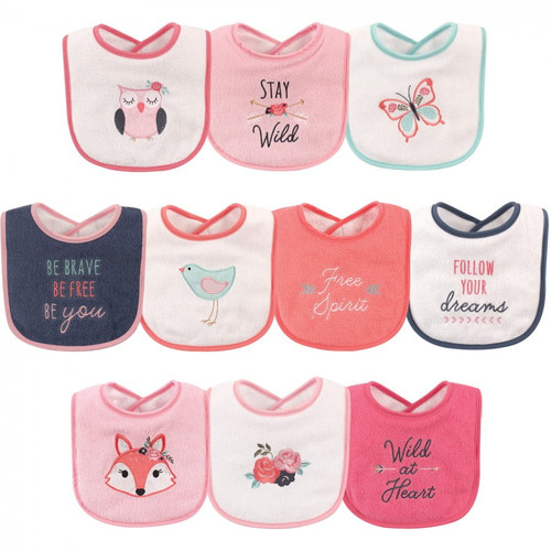 Hudson Baby Infant Girl Cotton Terry Drooler Bibs With Fiber Filling 10pk, Girl Fox, One Size