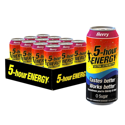 5-hour Energy Extra Strength Energy Drink | Berry Flavor | 16 Oz. Cans | 12 Count | Sugar-free & Zero Calories | Vitamins & Amino Acids | Contains Carbonation & 230mg Of Caffeine