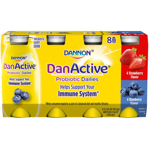 Danactive Probiotic Dailies Blueberry & Strawberry Dairy Drink, Variety Pack, 3.1 Oz., 8 Count