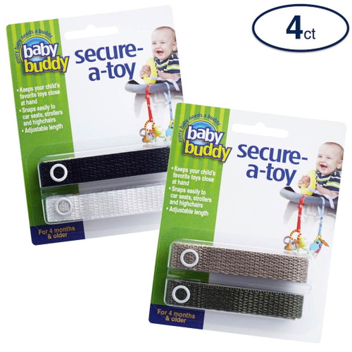 Baby Buddy Secure-a-toy Secures Toys, Teether, Or Pacifier To Stroller, Highchair, Car Seat, Black-white-tan-olive 4pk