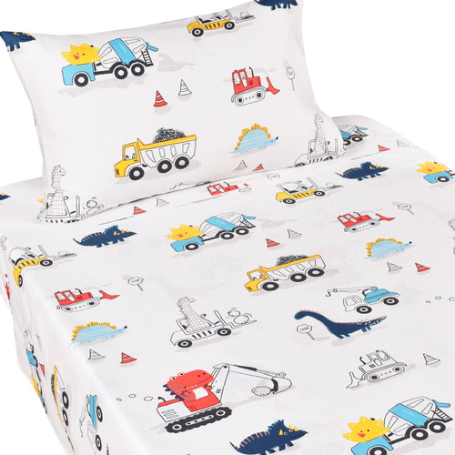 J-pinno Dinosaur Construction Work Digger Cars Vehicle Cute Cozy Fun Twin Sheet Set For Kids Girls Children 100% Cotton Flat Sheet + Fitted Sheet + Pillowcase Bedding Set