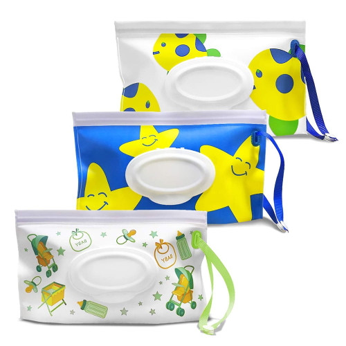 Vonter 3 Pcs Wet Wipe Pouch, Travel Wipes Case Reusable Refillable Wet Wipe Bag Travel Wipes Dispenser Wipe Pouches Eco Friendly Diaper Wipe Carrying Case Baby Wet Wipe Portable Travel Cases - Blue