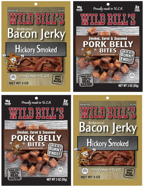 Wild Bill’s 4-piece Delicious Bacon Lovers Bulk Variety Pack, 2 Each 3 Oz Bacon Jerky And 2 Each 3 Oz Pork Belly Bites