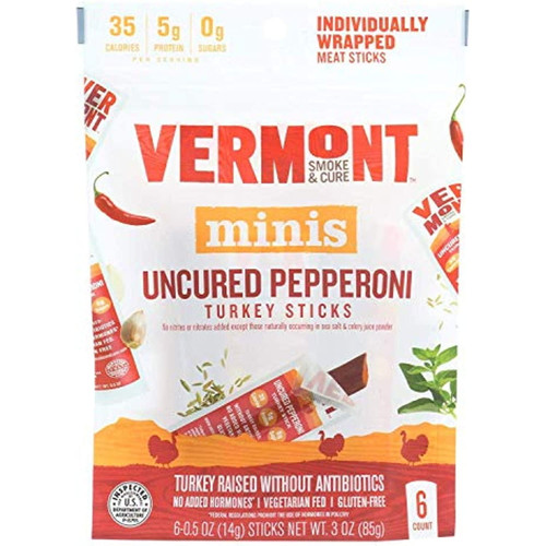 Vermont Uncured Pepperoni 0.5 Ounce Turkey Sticks, 6 Count Per Pack - 8 Per Case.