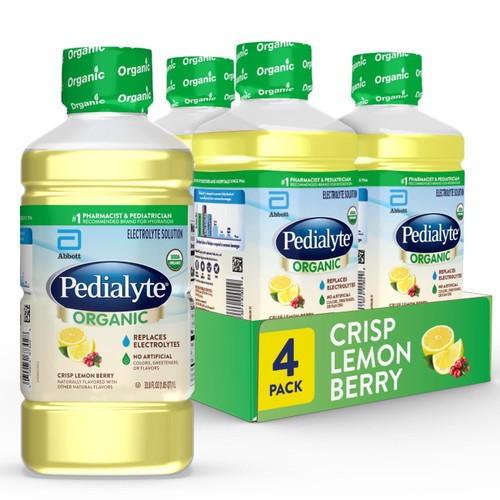 Pedialyte Organic Electrolyte Solution, Crisp Lemon Berry, 33.8 Fl Oz Bottle (4 Ct)