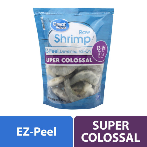 Great Value Frozen Raw Super Colossal Shell-on Tail-on Easy Peel Shrimp, 16 Oz (13-15 Count Per Lb)
