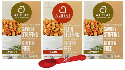 Holiday Variety Pack, Gluten Free Stuffing Mix Includes: (2) Aleias Savory Herb Stove Top Stuffing, 10 Oz. And (1) Aleias Gluten Free Plain Stuffing, 12 Oz. With A Bonus Measuring Spoon Included.